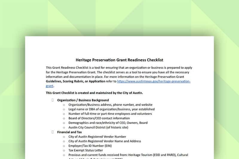 Heritage Preservation Grant Readiness Checklist