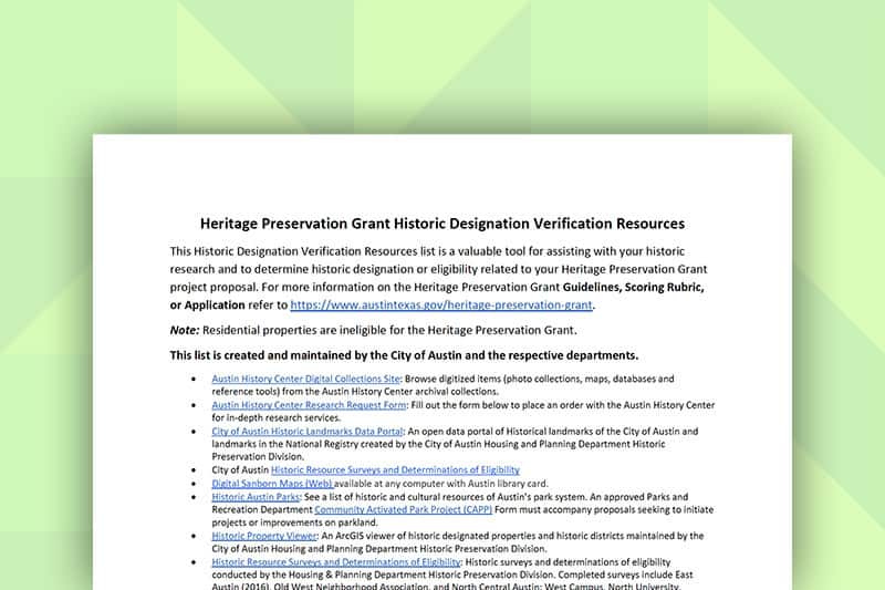 Heritage Preservation Grant Historic Designation Verification Resources